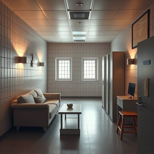Fotografía de una celda moderna en una prisión de Noruega, mostrando un ambiente más confortable y humano, con luz natural y mobiliario básico.