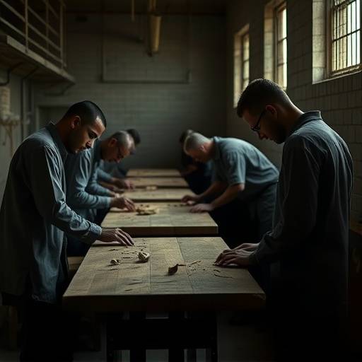Fotograf铆a de un grupo de reclusos trabajando en un taller de carpinter铆a dentro de la prisi贸n, mostrando una actividad com眉n en el d铆a a d铆a.