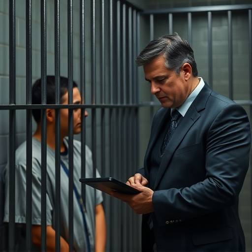 Fotograf铆a de una abogada brindando asesoramiento legal a un recluso en una prisi贸n, mostrando un ambiente de confidencialidad y profesionalismo.