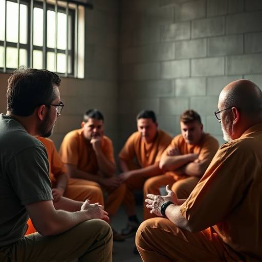 Fotograf铆a de una sesi贸n de terapia grupal en una prisi贸n, donde un terapeuta gu铆a a un grupo de reclusos en la discusi贸n de sus problemas y desaf铆os.
