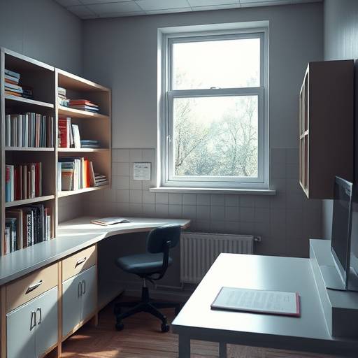 Imagen de una celda modelo dise帽ada para la rehabilitaci贸n, con estanter铆as para libros, un escritorio para estudio y una ventana con vista al exterior.